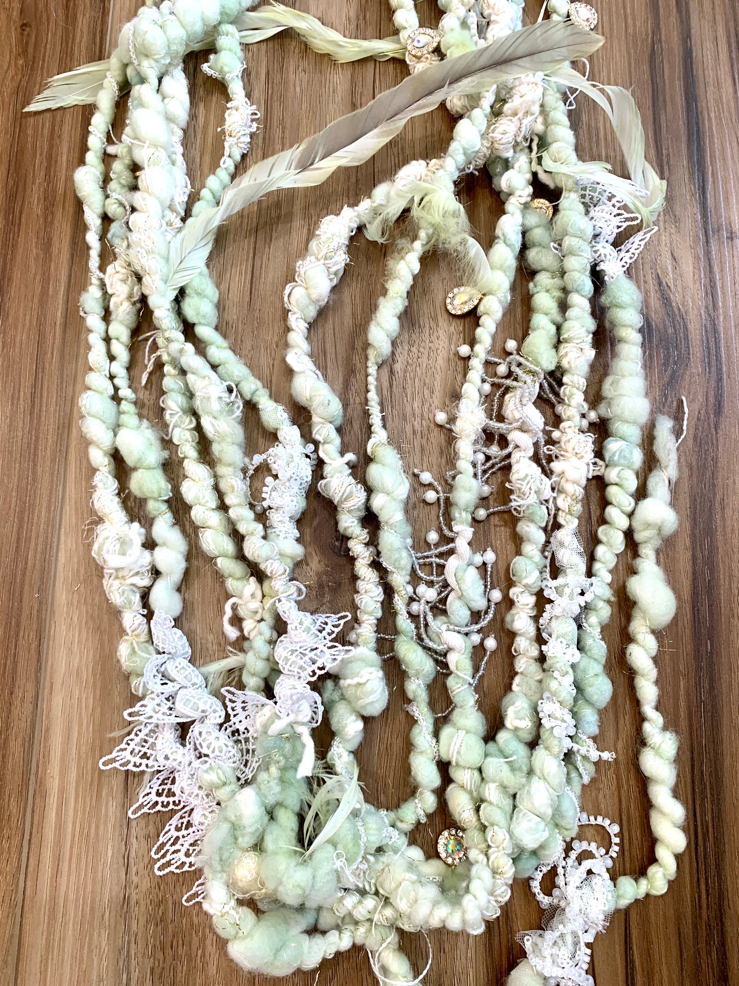 Feather and Jewel Handspun Art Yarn in Pistachio