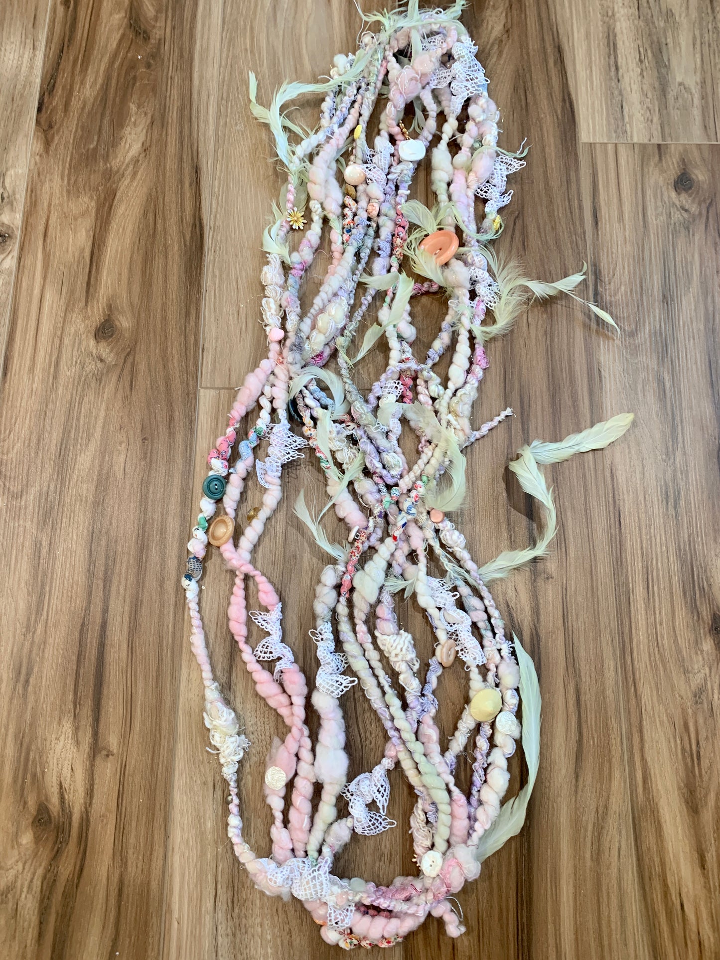 Antique Button and Fabric Scrap Handspun Art Yarn