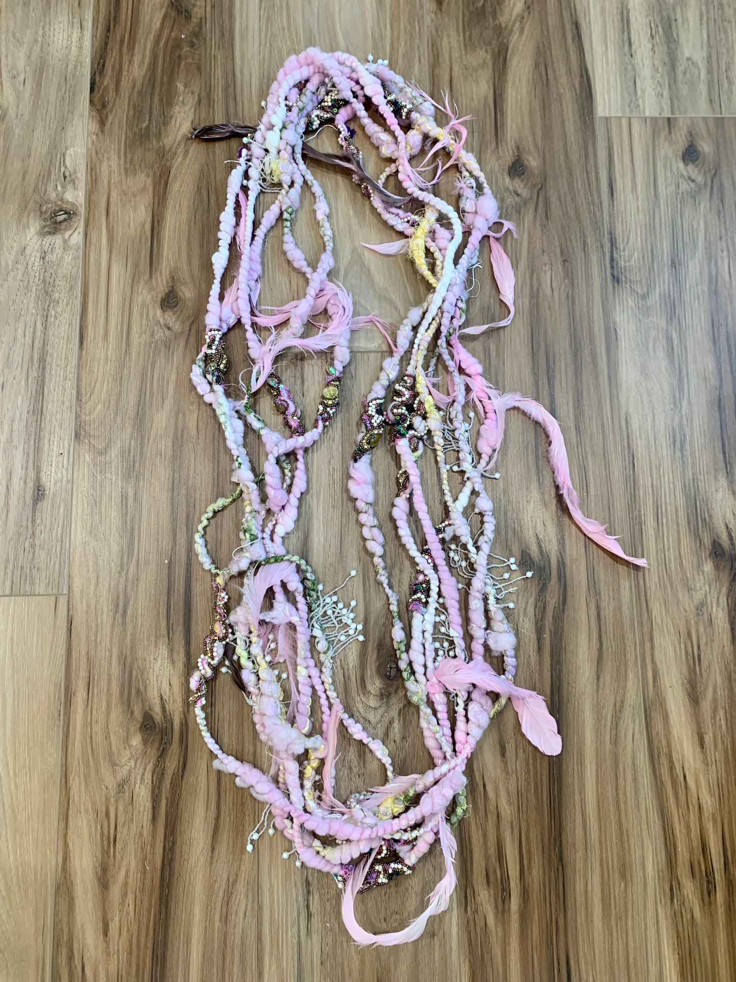 Feather and Vintage Sari Scrap Handspun Art Yarn