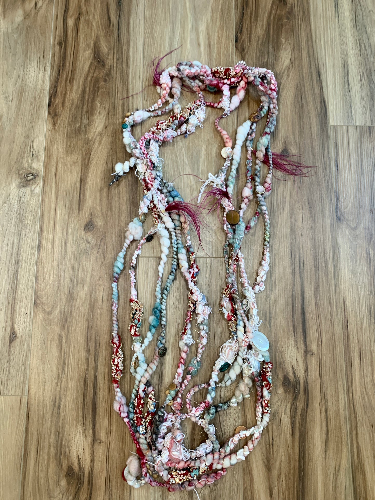 Feather Tassel and Vintage Sari Scrap Handspun Art Yarn