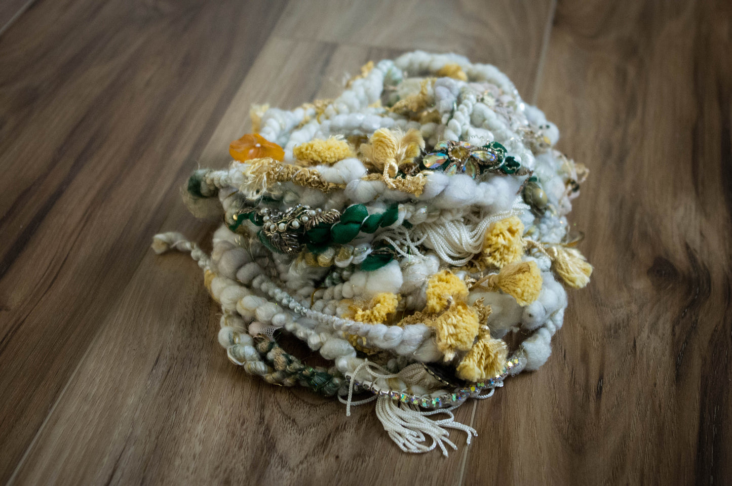 Antique Button and Fabric Scrap Handspun Art Yarn