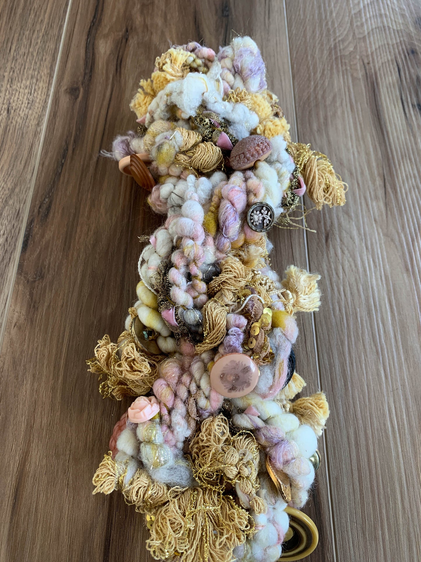 Antique Button and Fabric Scrap Handspun Art Yarn