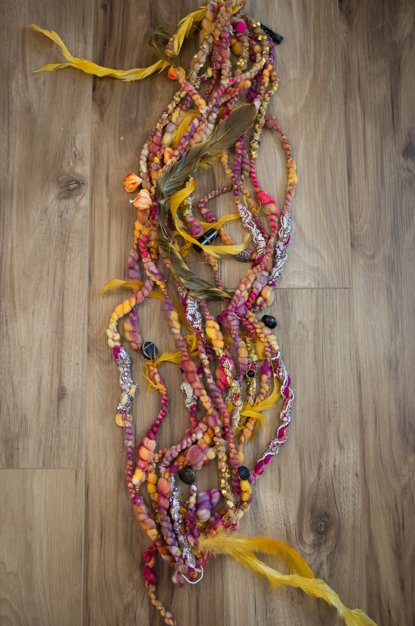 New Listing: Antique Button and Fabric Scrap Handspun Art Yarn