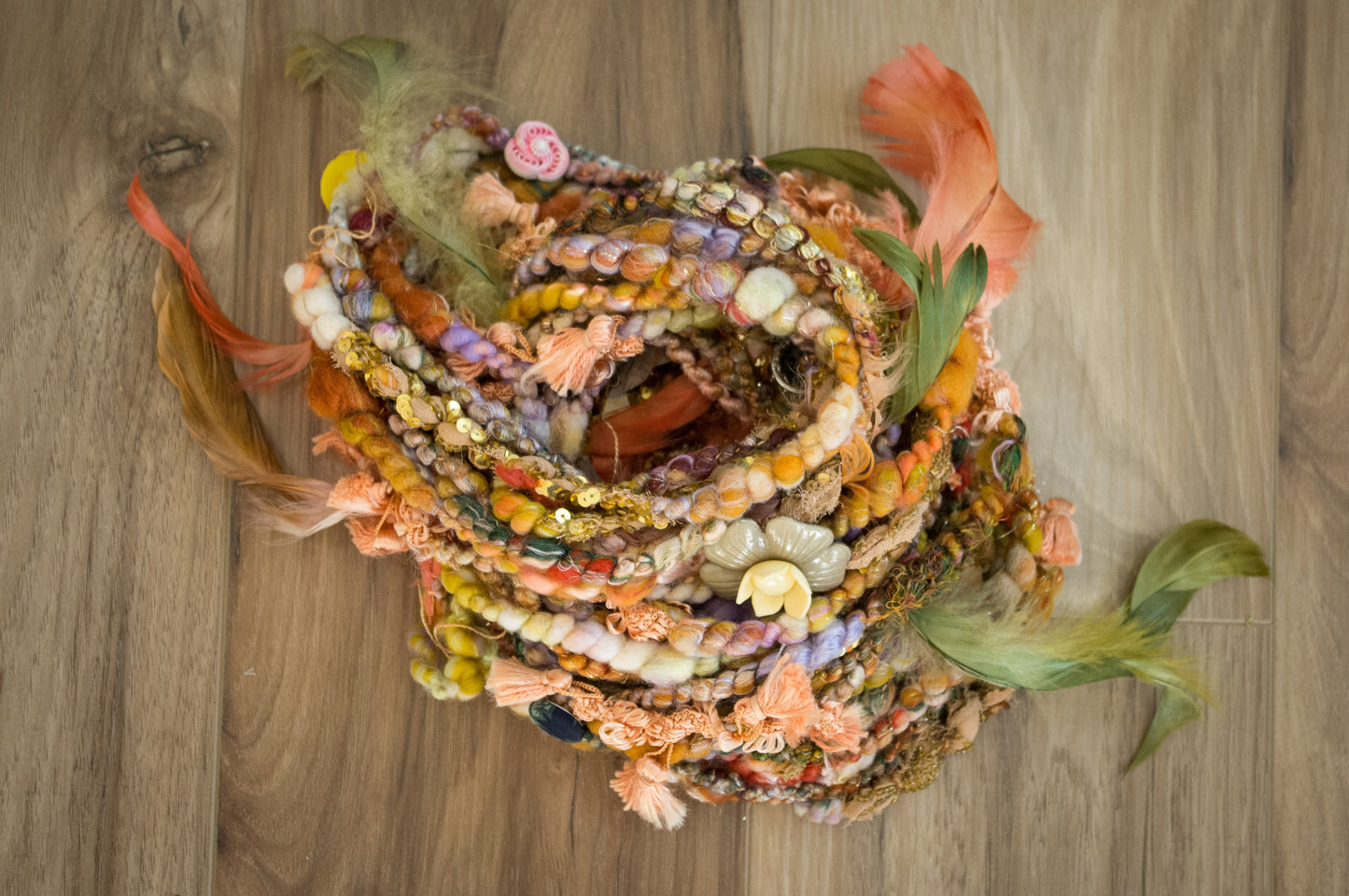 New Listing: Antique Button and Fabric Scrap Handspun Art Yarn