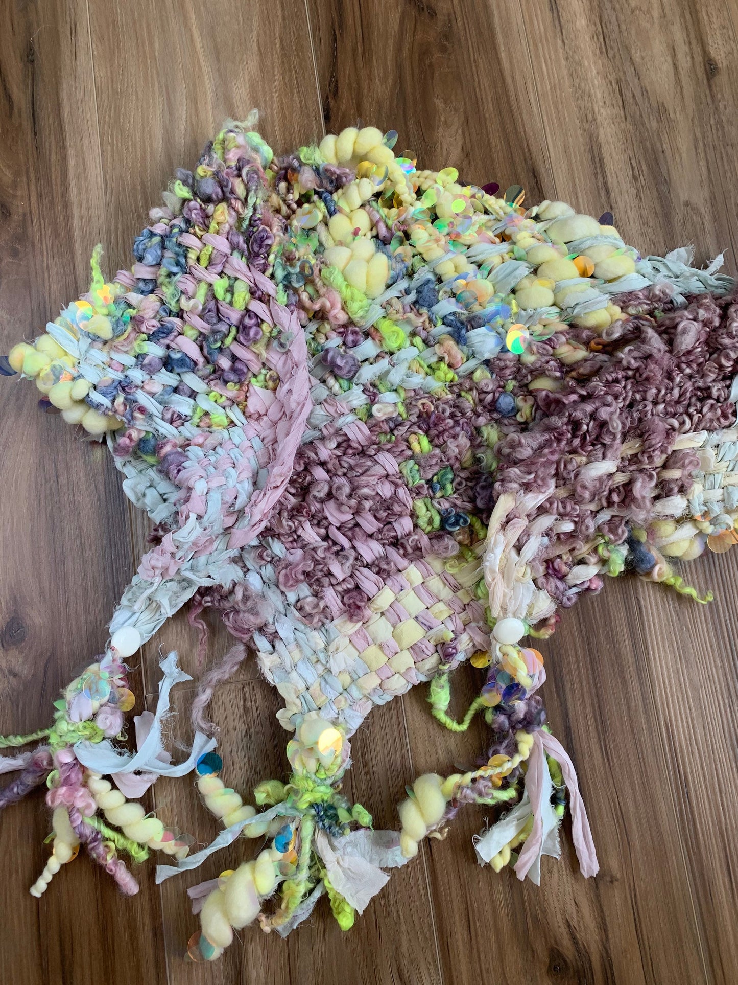Hand Woven Art Yarn Scarf: Triangle scarf, pastels with jumbo sequins