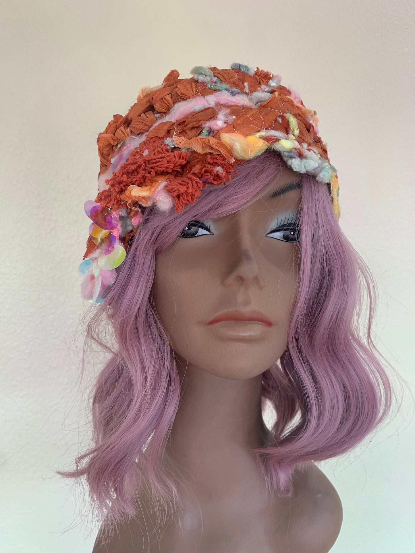 Handknit Art Yarn Hat: Red Cloche