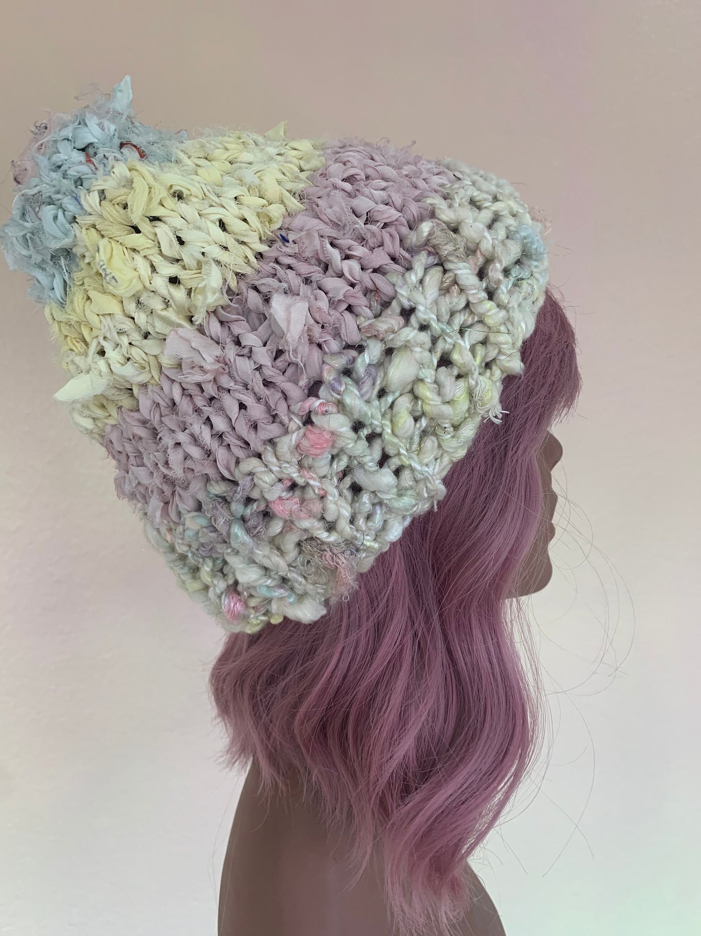 Handspun Hat/ Art Yarn Hat/ Silk Hat/ Handspun Cotton Hat/ Knit Beanie/ Pastel Beanie/ Art Yarn Beanie/ Knit Beanie/ Slouchy Beanie