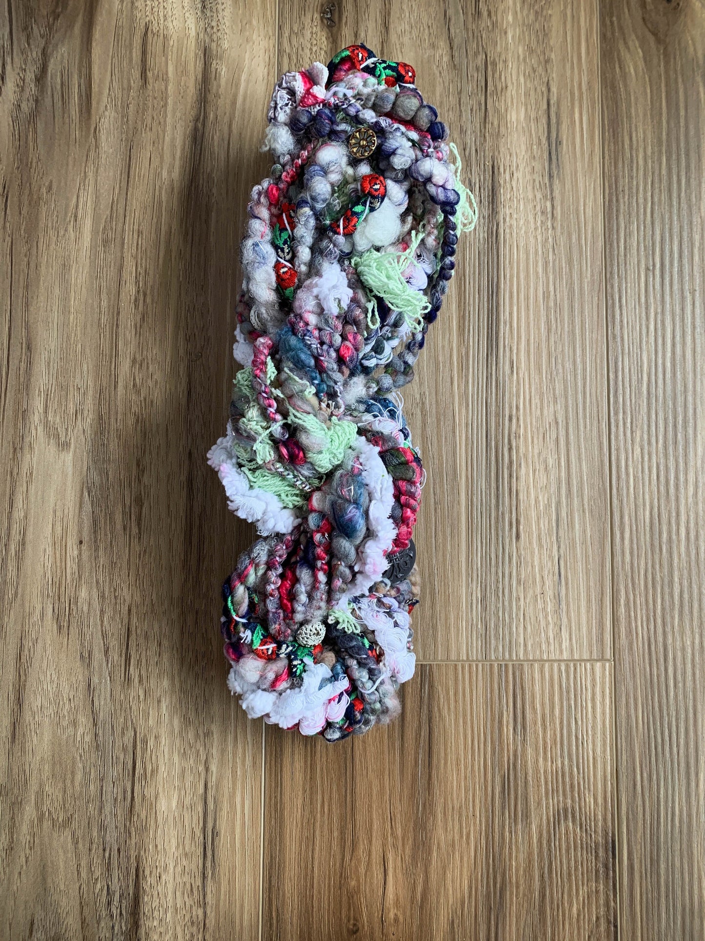 Handspun Art Yarn: Shabby chic yarn with vintage buttons and fabric