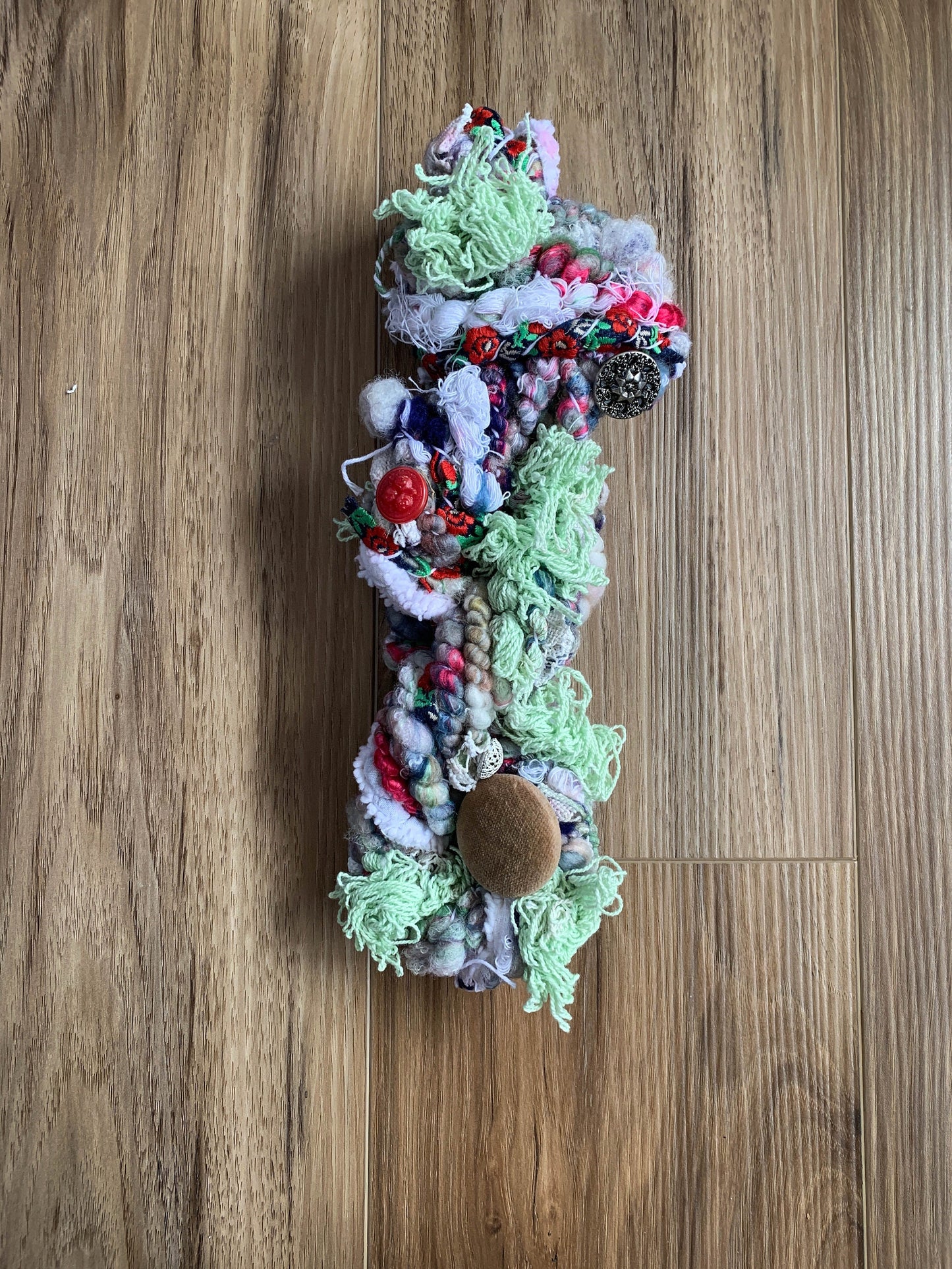 Handspun Art Yarn: Shabby chic yarn with vintage buttons and fabric