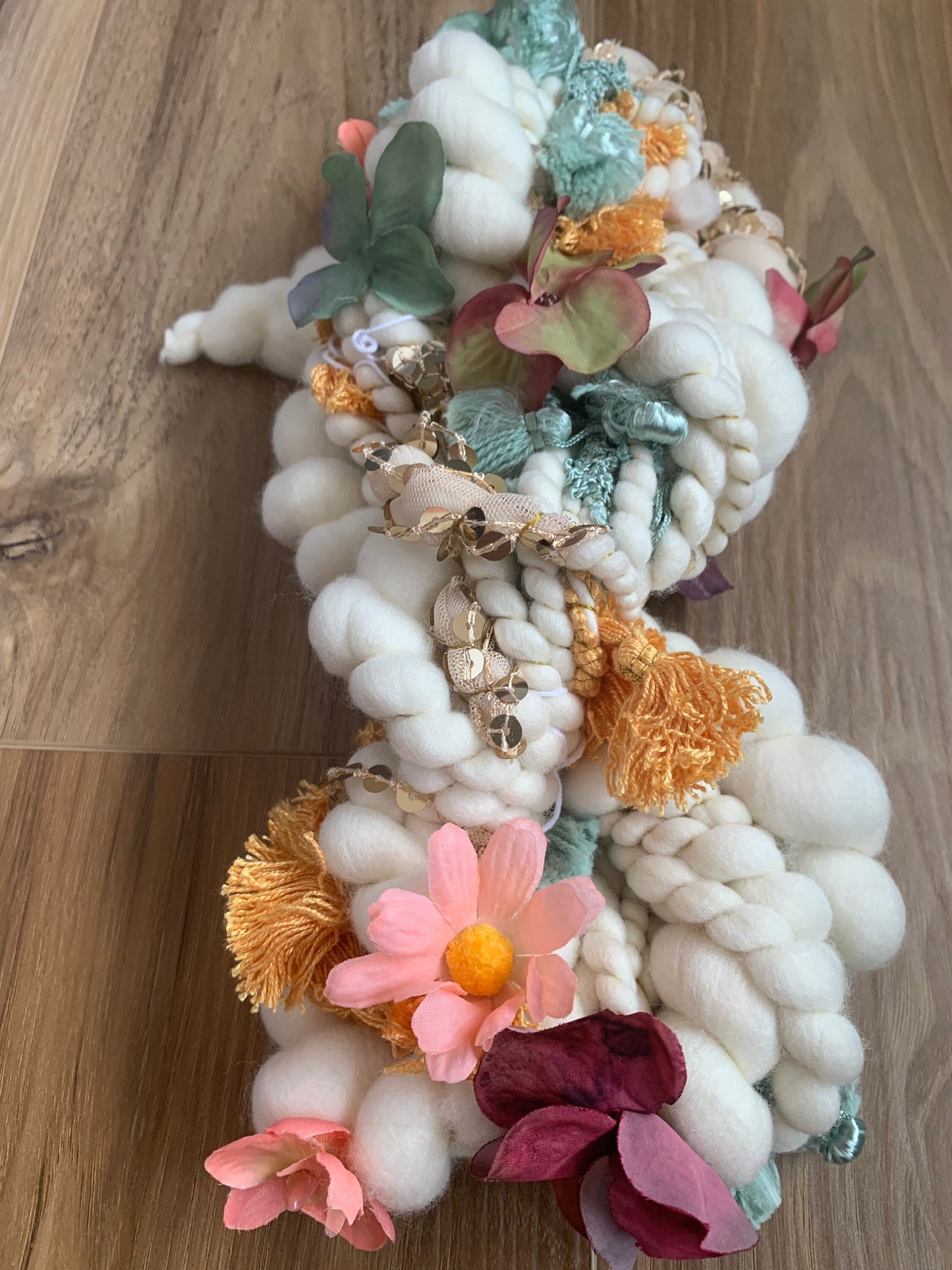 Handspun Art Yarn: Floral and Sequin Yarn in Peach and Sage