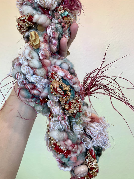 Feather Tassel and Vintage Sari Scrap Handspun Art Yarn