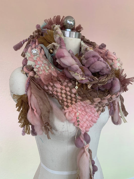 Hand Woven Art Yarn Scarf: Triangle scarf, buttons and fabric